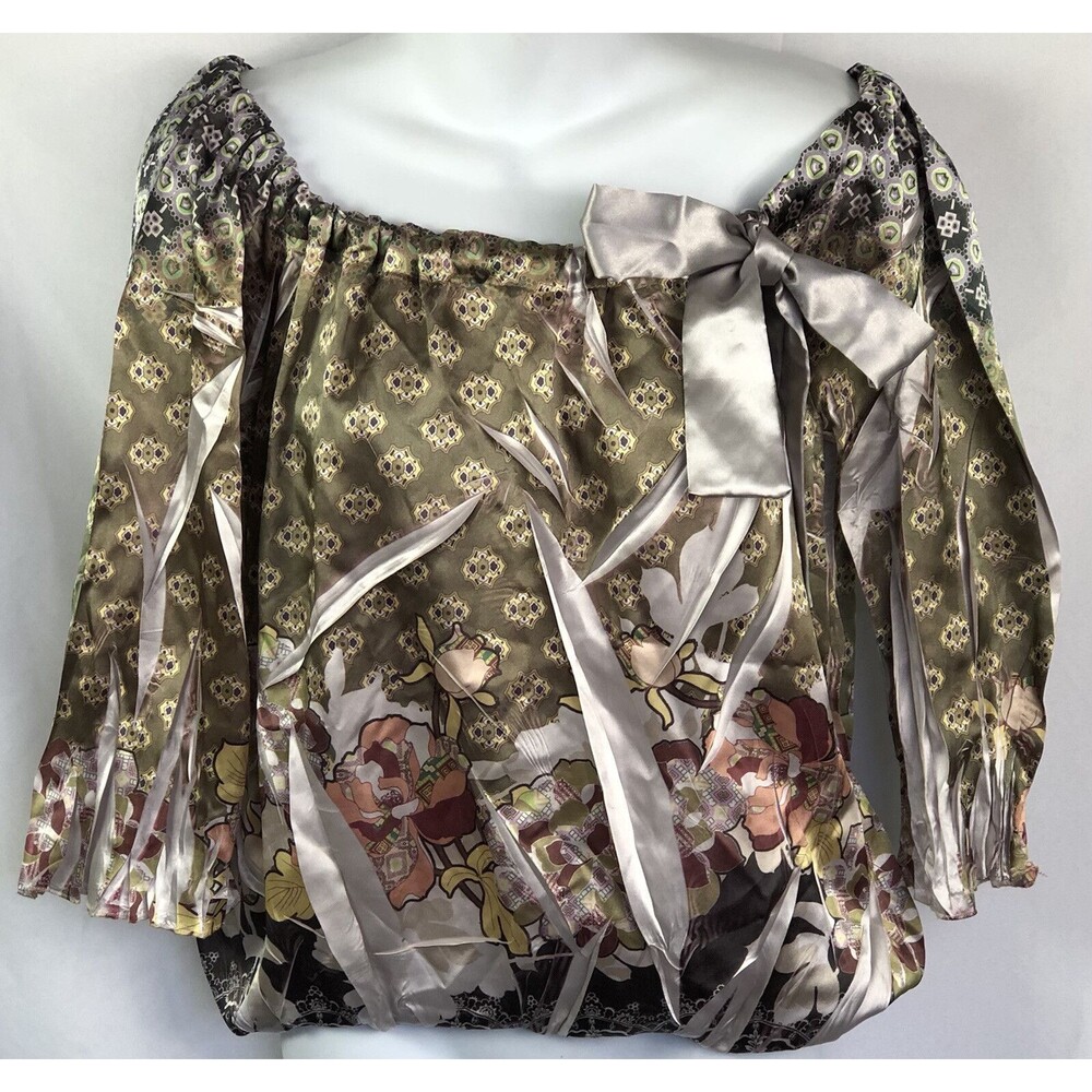 Boutique Satin Top M Green/Wht Floral Fold Pleats Bow Boho Coquette Cottage